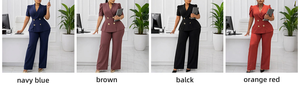 SE11350 Nuevo Estilo, Top de Manga Corta con Cuello y Doble Botonadura, Pantalones Anchos de Cintura Alta, Poliéster, Color Sólido, Estilo OL para el Trabajo - Product Image 6