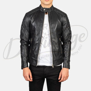 Veste en cuir véritable noire pour homme de qualité supérieure, veste de motard cintrée avec épaulettes matelassées, col montant élégant, manteau d'hiver décontracté - Product Image 1