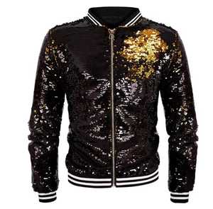 Men's <b>Sequin</b> Varsity <b>Jacket</b> <b>Black</b> Gold Reversible Zipper Streetwear Style Regular Fit Autumn Wear Turn-down Collar - Product Image 1