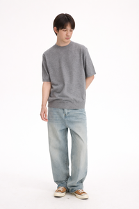 Jeans OEM 100% Coton Lavé Effet Vieilli Coupe Droite Bleu Clair Denim Brut Unisexe Basique Polyvalent Coupe Décontractée - Product Image 2