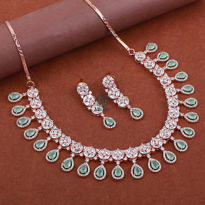 Adira Mint Green CZ Designer <b>Bridal</b> <b>Necklace</b> & <b>Earring</b> <b>Set</b> Gold Plated - Product Image 1