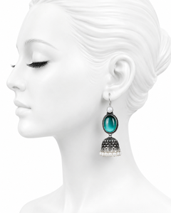 Oxidized <b>Silver</b> Monalisa Stone Chandelier <b>Earrings</b> | Imitation Pearl Vintage Ethnic Brass <b>Earrings</b> for Women | Handmade Indian - Product Image 5