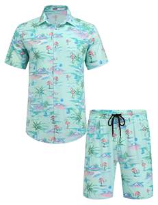 Conjunto coordinado con estampado de flamencos para hombre, camisa de manga corta con botones y pantalones cortos a juego, traje ligero para vacaciones en la playa de verano - Product Image 1
