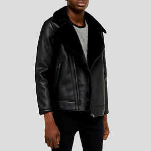 Chaqueta de Cuero Genuino Negra Personalizada para Hombre, con Cuello de Piel Sintética, Estilo Motero, Abrigo Grueso de Invierno, Cálido y Suave, de Piel de Oveja - Product Image 1
