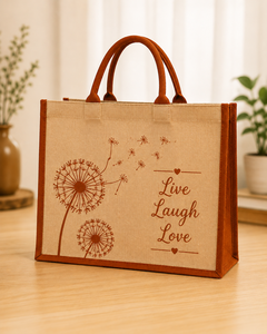 กระเป๋าผ้าฝ้ายพิมพ์ลายดอกแดนดิไลออน รุ่น Live Laugh Love สีเบจพร้อมหูหิ้วสีน้ำตาล - Product Image 5