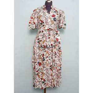 Vestido Midi Vintage para Mujer al por Mayor, de Algodón Natural, Manga Corta, Estampado Floral, Elegante, con Cinturón - Product Image 1