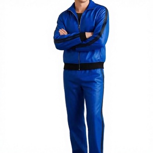 Chándal de Cuero Genuino Azul para Hombre, Estilo Casual de Manga Larga, Rayas en Contraste, Cierre de Cremallera, Corte Holgado, Color Sólido - Product Image 1