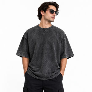 Camiseta de algodón lavado oversize para hombre, manga corta, cuello redondo, estilo casual, lisa, de punto jersey, color sólido, vintage - Product Image 1