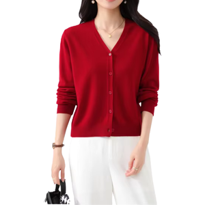 Cardigan en Laine pour Femme 100% Laine Tricoté Automne Chaud Rouge Géométrique Logo Avant Décontracté OEM ODM Personnalisé Vente en Gros Échantillon Gratuit - Product Image 1