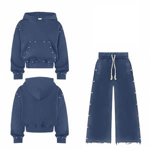 Ensemble de survêtement unisexe bleu marine uni style streetwear avec détails en strass, manches longues, coupe classique, vêtements d'hiver en polyester/coton - Product Image 6