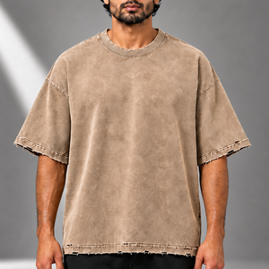 T-shirt surdimensionné personnalisé en coton délavé pour homme, coupe ample, bords vieillis, épaules tombantes, col rond, style streetwear décontracté - Product Image 3