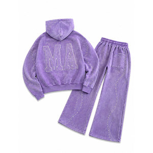 Men Hooded Tracksuit <b>Set</b> 100% Cotton Acid Washed Embossed 450 Gsm Loose Fit Rhinestone Cropped <b>Joggers</b> Casual Wear - Product Image 6