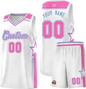 Ensemble de maillot de basket blanc et rose, débardeur sans manches en mesh à col en V, short, impression sublimée, polyester respirant, unisexe adulte - Product Image 1