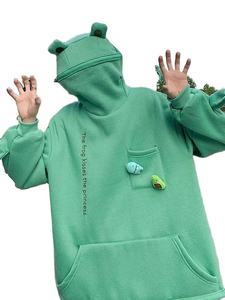 Sweat à capuche grenouille de dessin animé avec oreilles mignonnes brodées, poche, coupe ample, streetwear, logo personnalisé OEM - Product Image 6