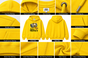 เสื้อฮู้ดผู้ชายสีเหลืองผ้าฟลีซฟอกสีสไตล์ฮิปฮอป Y2K ยี่ห้อ RISK SPORTS พร้อมกระเป๋าจิงโจ้และลายพิมพ์ Time Is Money - Product Image 5