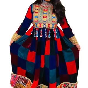 Vibrant <b>Patchwork</b> Style Afghan Dress Composed Of Multi Colored Velvet Squares Adorned With Golden Circular Medallions Intricate - Product Image 5