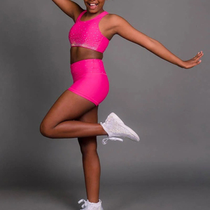 <b>Girls</b> Fuschia Solid Front 2 Piece Yoga Set Rhinestone Sports Bra High Waist <b>Shorts</b> Racerback Crop Top Water Resistant Breathable - Product Image 2