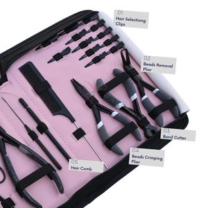 Kit d'outils professionnels roses pour extensions capillaires avec pinces micro-anneaux en acier inoxydable de qualité chirurgicale, crochet d'installation et pinces de salon - Product Image 3