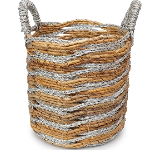 Panier de rangement en fibres naturelles, panier tressé artisanal, corbeille à linge, organisateur tressé bicolore artisanal balinais, décoration bohème pour la maison - Product Image 1
