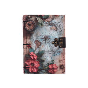 <b>A5</b> Decorative World Map Handmade Paper <b>Notebook</b> | 100 Pages Recycled Paper Journal with Antique Lock Floral Travel Theme Diary - Product Image 1