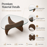 Table basse moderne en verre trempé, base triangulaire arrondie en MDF effet bois pour salon, mobilier en gros