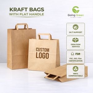 Sacs en papier kraft biodégradables à poignée plate avec logo personnalisé pour la vente à emporter de café, de nourriture et de restauration rapide - Product Image 1