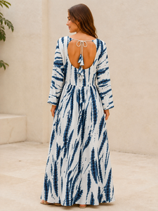 Vestido Western de Manga Larga con Estampado Tie Dye Blanco para Mujer, Escote Corazón, Acampanado, con Lazos y Espalda Recortada, Ropa de Mujer al por Mayor - Product Image 3