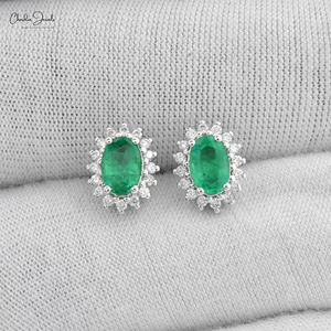 Listos para Enviar, Pendientes de Oro Blanco Real de 14k con Esmeralda Ovalada de 6x4mm, Pendientes de Halo con Diamantes G-H, Joyería de Boda - Product Image 3