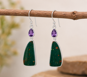 Natural Noreena Natural Bloodstone Amethyst Solid Sterling Silver Bohemia Water Drop <b>Dangle</b> <b>Earrings</b> Bezel Set Gemstone Drops - Product Image 3