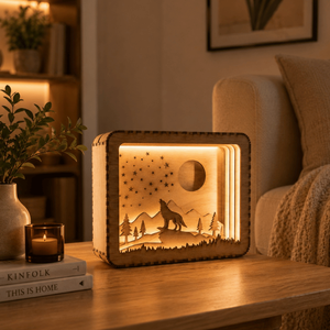 Premium Wooden Wolf LED Night Light Lamp | Laser Cut 3D Shadow Box <b>Table</b> Lamp for Bedroom Living Room Office Home Decoration - Product Image 4