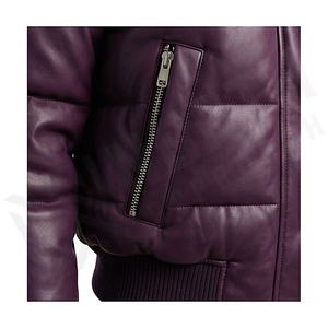 Blouson aviateur en cuir véritable violet avec garniture en fourrure, fermeture éclair, coupe-vent d'hiver, épais, manches longues, couleur unie - Product Image 5
