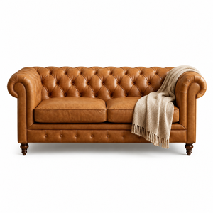 Premium Vintage Brown Chesterfield <b>Sofa</b> in Genuine Leather with Elegant Rolled Arms Tufted Upholstery Leather Chesterfield Couch - Product Image 1