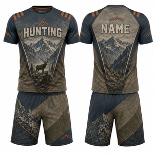 Ensemble de chasse pour homme MEGAMAPLE, chemise à manches courtes et short, imprimé floral par sublimation, polyester respirant, été, extérieur - Product Image 1