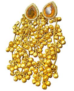 Vintage Kashmiri <b>Gold</b> Plated Brass Amber Stone Statement <b>Earrings</b> Heavy Ghungroo <b>Dangle</b> <b>Earrings</b> Wholesale Manufacturer - Product Image 6