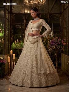 Wedding wear Heavy <b>Net</b> with Pearl & Sequin Embroidered A-Line Ivory Lehenga- Fancy Border Readymade Blouse Set At Wholesale Rate - Product Image 4