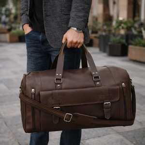 Men Genuine Leather Duffel <b>Bag</b> Barrel-Shaped Classic Travel Weekender With Shoulder <b>Strap</b> And Buckle Closure - Product Image 1