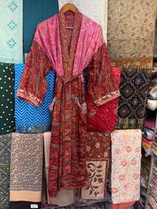 Robe kimono pour femme en soie 100% patchwork, col en V, cordon de serrage, manches trois-quarts, longueur intégrale, respirante, douce, style décontracté - Product Image 5