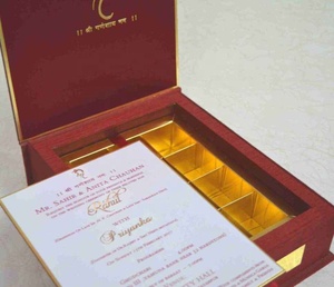 Luxury Indian Wedding Invitation <b>Box</b>, Laser Cut Gold Filigree Lid, Maroon Fabric <b>Box</b>, Acrylic Monogram, <b>Sweets</b> Tray, Ganesh Foil - Product Image 5