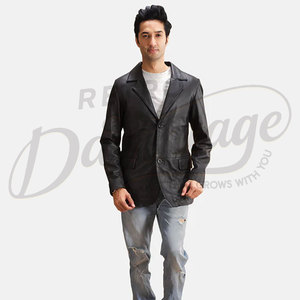 Blazer en cuir noir pour homme, coupe ajustée, en véritable peau de mouton, veste décontractée pour affaires, deux boutons, vêtement d'extérieur formel - Product Image 4