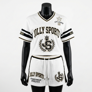 Conjunto de Camiseta y Pantalones Cortos de Fútbol de Poliéster Interlock Premium de 200 GSM, Blanco con Paneles Negros, Impresión Personalizada, Conjuntos para Mujer - Product Image 3