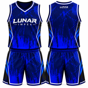 Ensemble d'uniformes de basketball personnalisés de haute qualité, bleu et noir, sublimation, 100% polyester, respirant, respectueux de l'environnement, maillot sans manches - Product Image 1