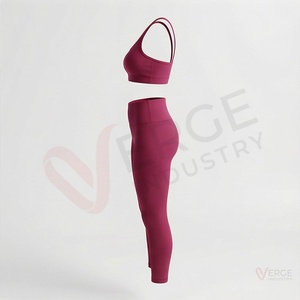 <b>Women</b> Seamless Yoga Set 2 Piece High Waist Leggings and Scoop Neck Tank <b>Top</b> <b>Burgundy</b> - Product Image 3
