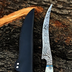 Cuchillo de Filetear Hecho a Mano con Hoja con Patrón de Damasco y Mango de Cuerno, Cuchillo de Cocina para Pesca, Camping y Uso al Aire Libre - Product Image 2