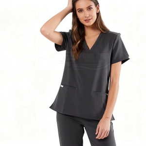 Women V Neck Scrub Tops Short Sleeve With Pockets Pink Cotton Polyester Hospital Uniforms - Product Image 6