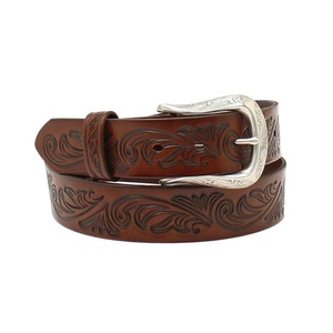 Cinturón de cuero occidental de una pieza, duradero, tallado a mano con motivos florales en relieve, elegante, para hombre y mujer, con hebilla plateada de diseño. - Product Image 4