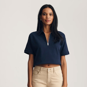 Polo court pour femme à manches courtes avec fermeture éclair sur le devant, en coton tricoté bleu marine uni, haut décontracté pour le printemps et l'été - Product Image 1