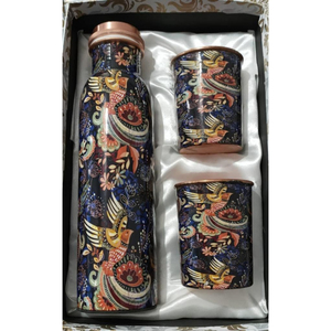 Fancy Copper Water <b>Bottle</b> with Two Glass Hammered Design For Hydration Yoga & Ayurveda Inspired Drinkware <b>Bottle</b> With Packaging - Product Image 1