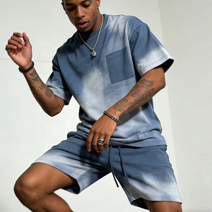 Men's Short Sleeve Tee and Shorts <b>Set</b> Heavyweight Cotton <b>Spray</b> Dye Vintage Wash Chest Pocket Loose Fit Casual Streetwear Summer - Product Image 2