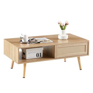 Tavolino da Salotto Moderno 105 cm con Porta Scorrevole e Vano Portaoggetti, Gambe in Legno Massello, Rattan Naturale - Tavolino da Caffè - Product Image 6