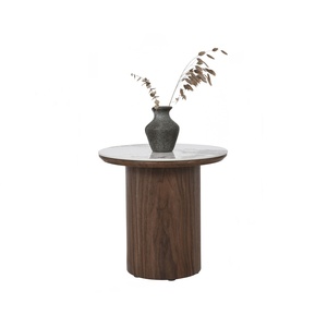 Mid Century Modern Round <b>Side</b> <b>Table</b> Solid Wood Cylinder Base Marble Top Coffee <b>Table</b> Dark Walnut Finish Accent <b>Table</b> for <b>Sofa</b> - Product Image 2